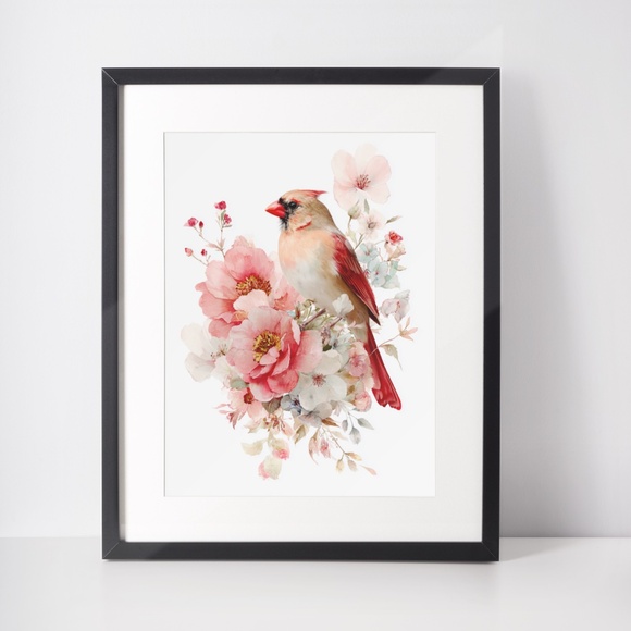 Watercolor Female Cardinal Bird with Flowers Wall Art Print Unframed - Picture 3 of 7